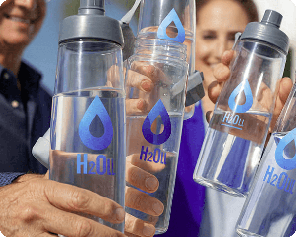 Reusable water bottles with H2O logo
