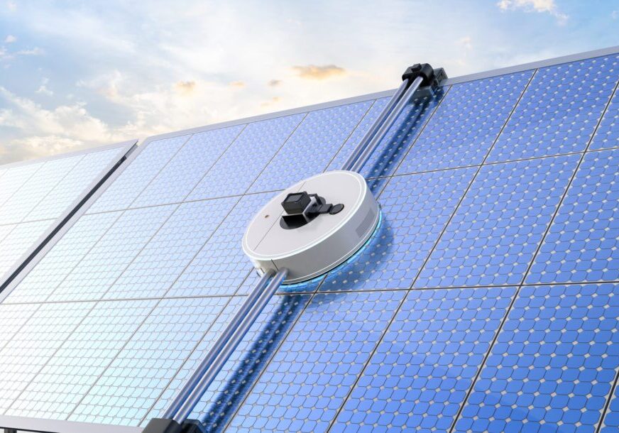 Solar panel cleaning robot in action